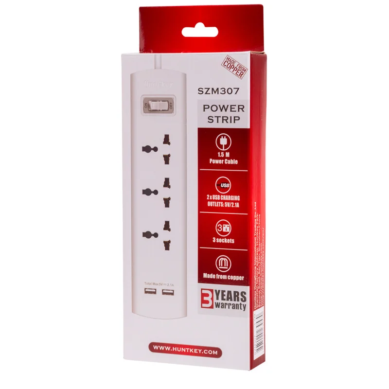 Сетевой фильтр Huntkey, 3 роз, 2*USB, 1,5м, White (SZM307) 3