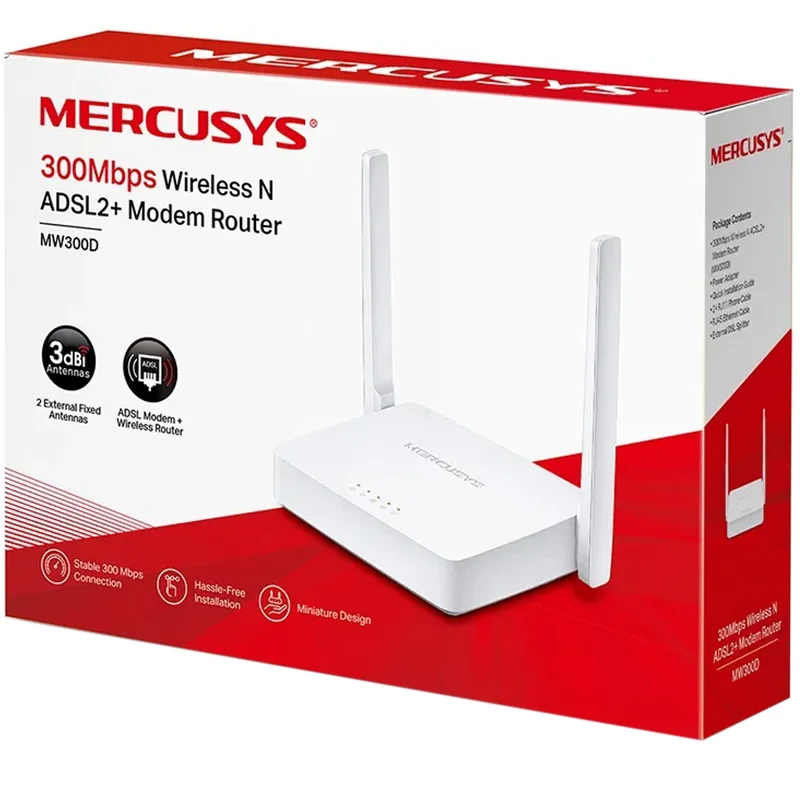 Беспроводной ADSL Модем, Mercusys MW300D, 3 порта + Wi-Fi, 300 Mbps (MW300D) 3