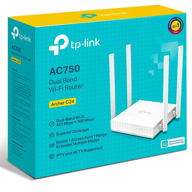 Беспроводной маршрутизатор, TP-Link Archer C24 Dual Band, 4 порта + Wi-Fi, 733 Mbps (Archer C24) 4