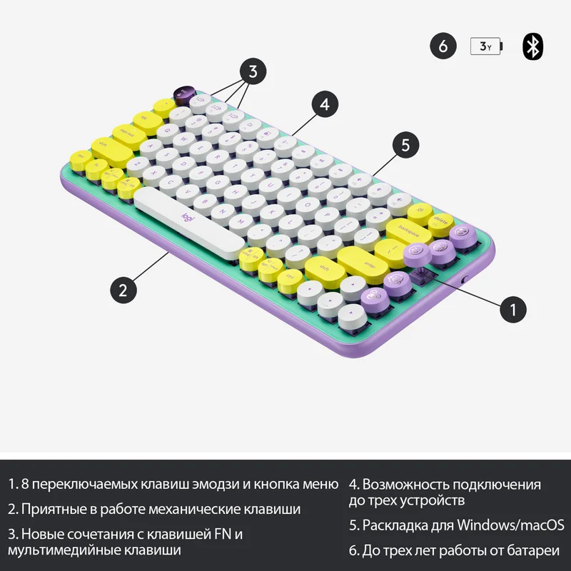Клавиатура беспроводная USB/BT Logitech POP Keys, Mint (920-010717) 7