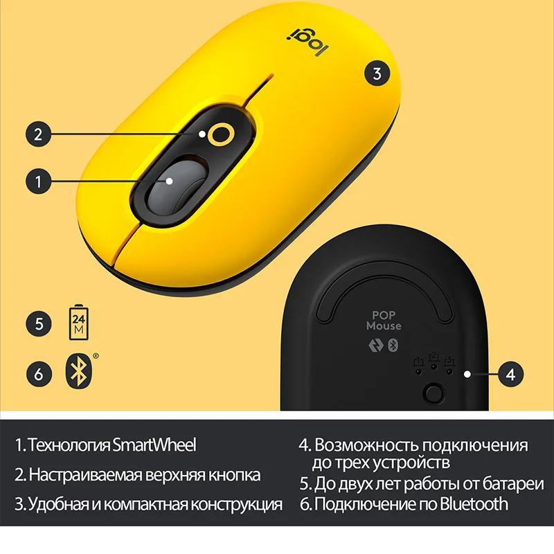 Мышка беспроводная USB/BT Logitech POP Mouse, Yellow (910-006546) 6