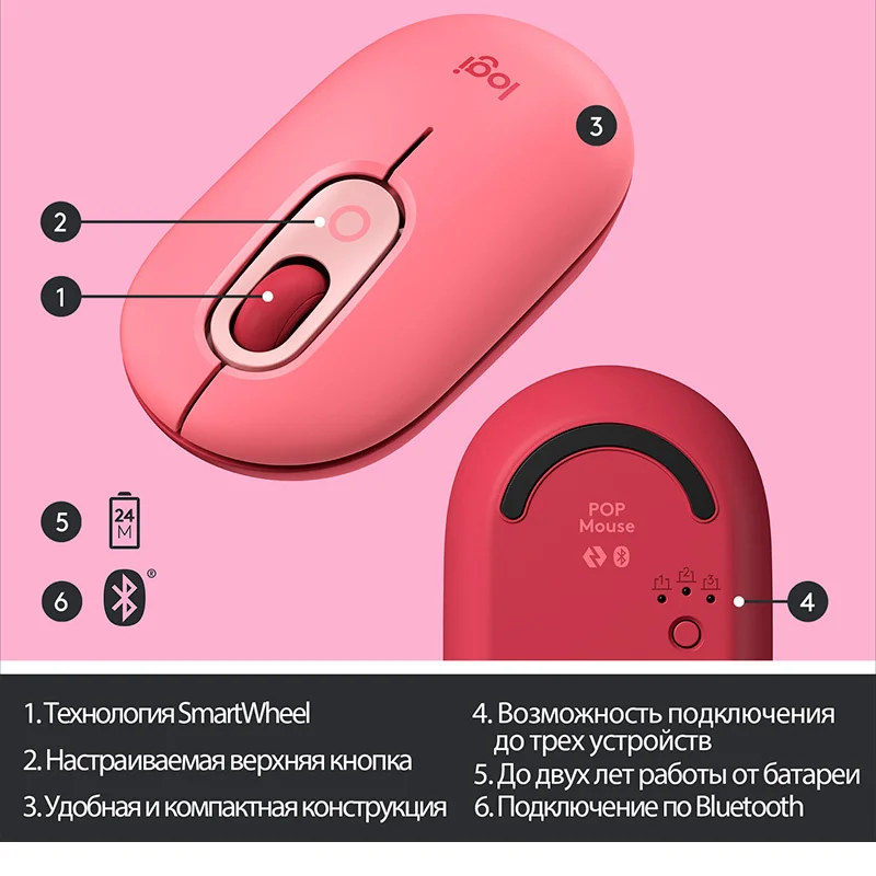 Мышка беспроводная USB/BT Logitech POP Mouse, Rose (910-006548) 3