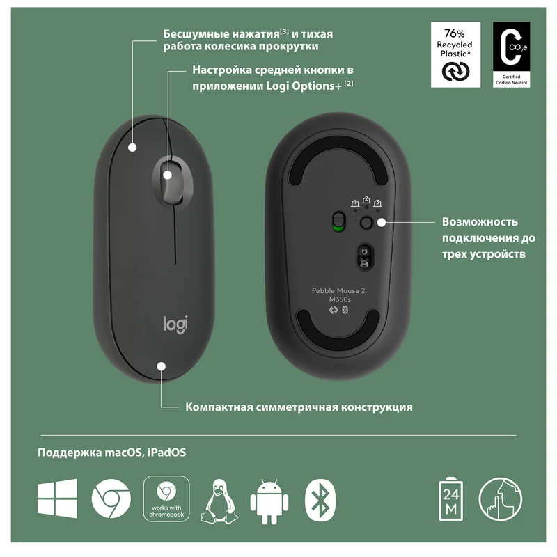Мышка беспроводная USB/BT Logitech Pebble 2 M350S, Graphite 8