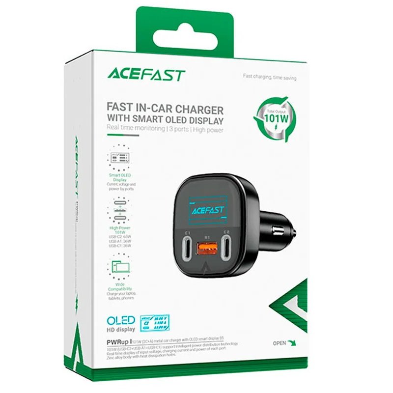 Автомобильное зарядное устройство ACEFAST, 2*USB C+A, 101W, OLED smart display, metal (B5 101W - ACE 6