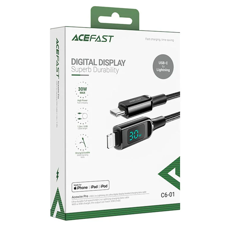 Кабель ACEFAST, USB-C to Lightning, display, плетеный, black (C6-01 - ACEFAST) 3
