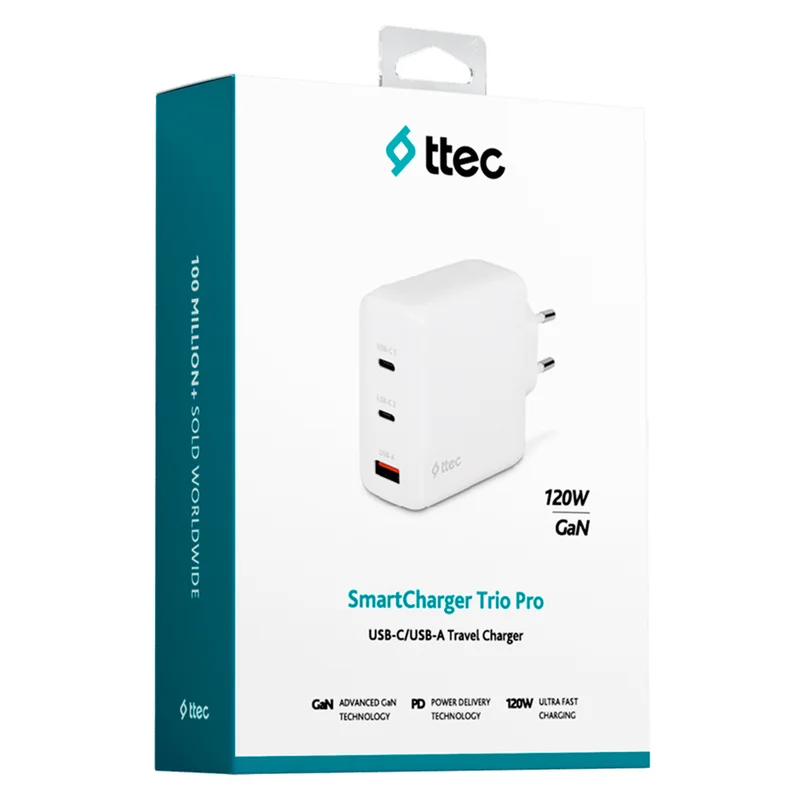 Адаптер питания ttec Trio GAN 120W PD 2 USB-C+USB-A, white (2SCG04B) 5
