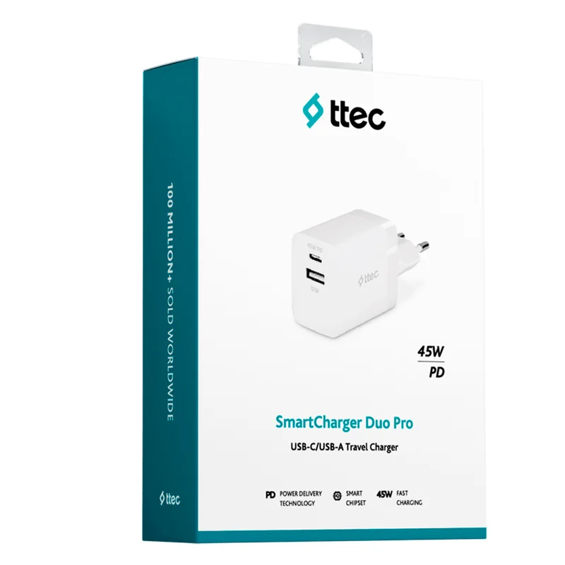 Адаптер питания ttec 45W PD Duo Travel Charger USB-C+USB-A, White (2SCP02B) 5