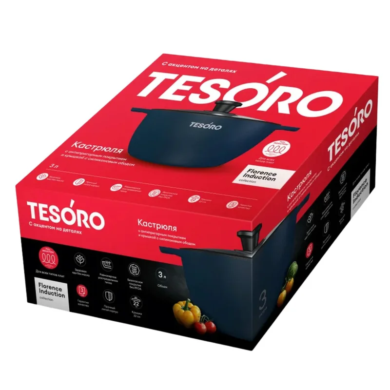 Кастрюля 22см 3л Florence Induction total blue Tesoro TF6630tbi 4
