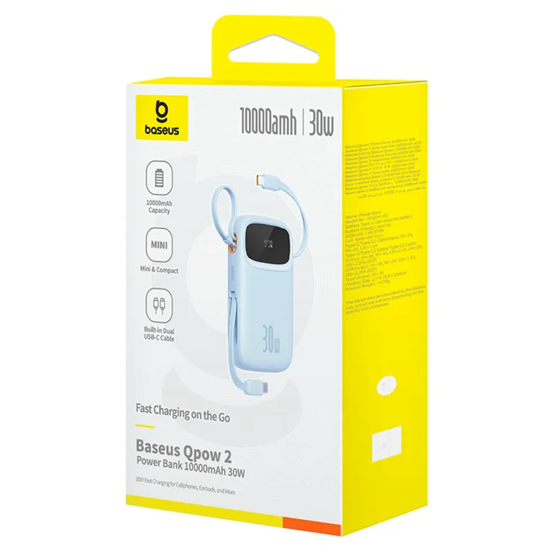 Внешний аккумулятор Baseus, QPow2 DGT 10000mAh+2 вс.каб 30W, Blue (BAS-P1005500831300) 7