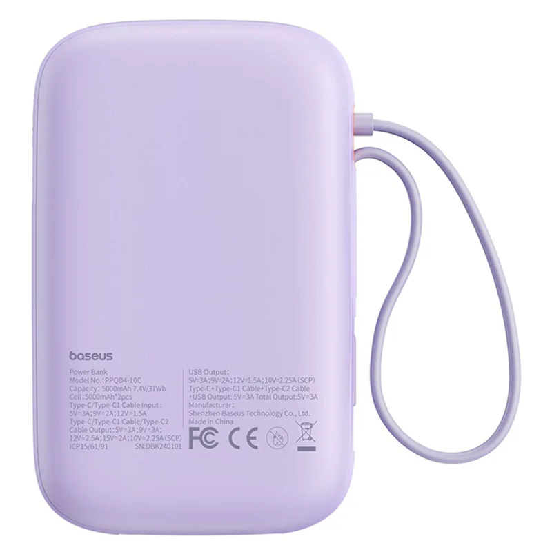 Внешний аккумулятор Baseus, QPow2 DGT 10000mAh+2 вс.каб 30W, Violet (BAS-P1005500851300) 6