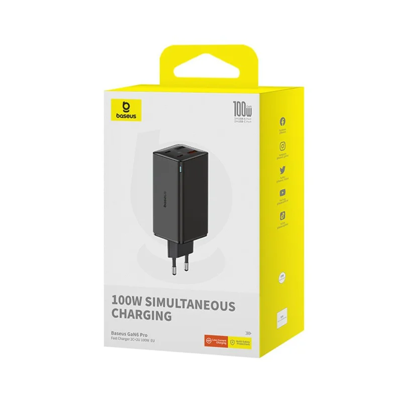 Адаптер питания Baseus, GaN6 USB-C*2+A*2 100W с каб, Black (BAS-P1016270511200) 10