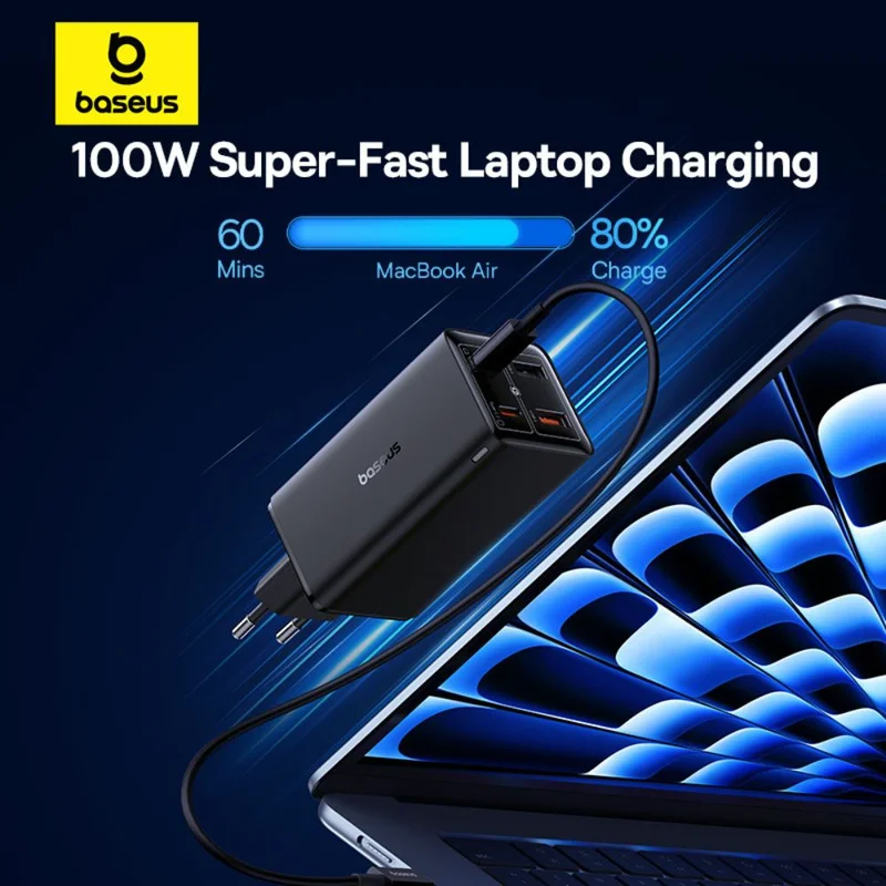 Адаптер питания Baseus, GaN6 USB-C*2+A*2 100W с каб, Black (BAS-P1016270511200) 14