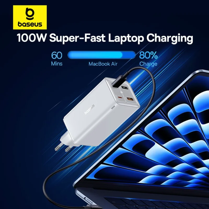 Адаптер питания Baseus, GaN6 USB-C*2+A*2 100W с каб, White (BAS-P1016270521200) 2
