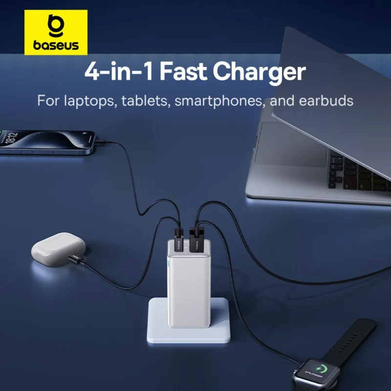 Адаптер питания Baseus, GaN6 USB-C*2+A*2 100W с каб, White (BAS-P1016270521200) 4