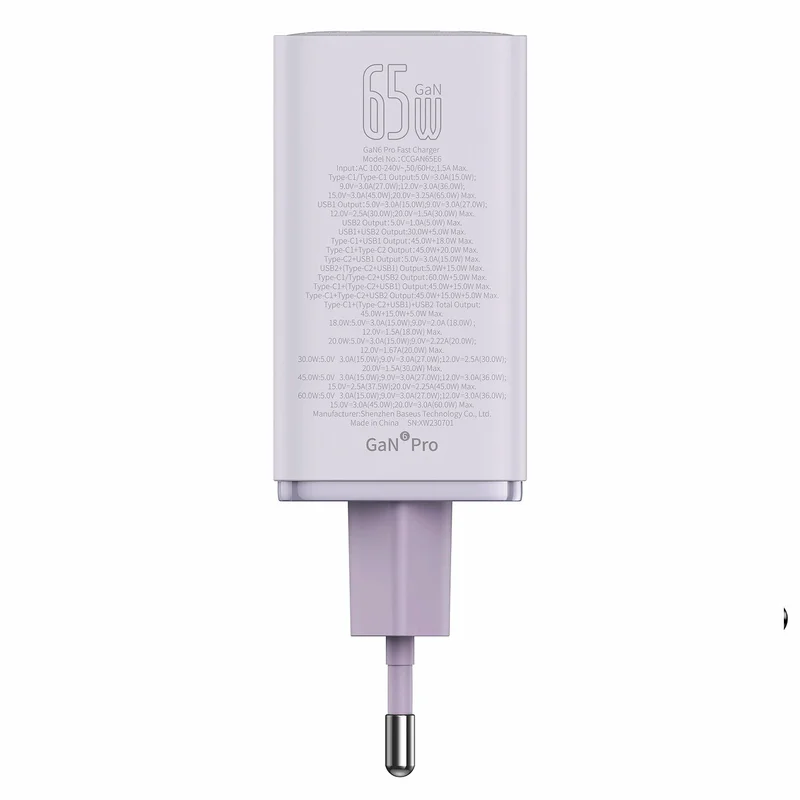 Адаптер питания Baseus, GaN6 Pro USB-2C+2A 65W с каб, Violet (BAS-P1016270153300) 5