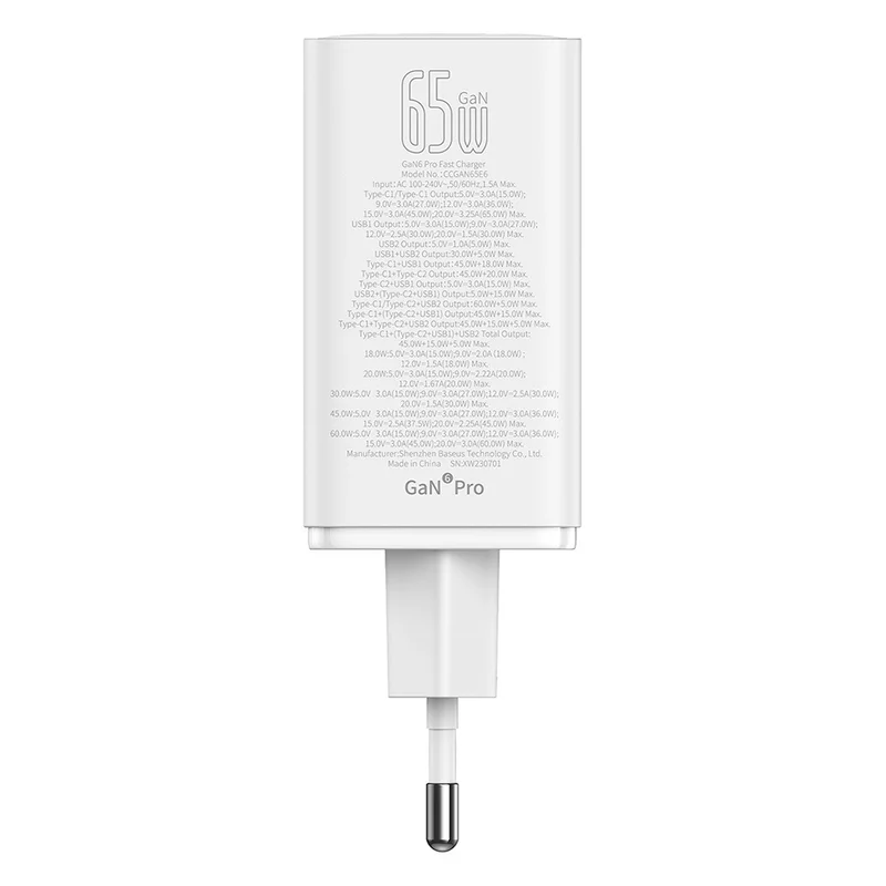 Адаптер питания Baseus, GaN6 Pro USB-2C+2A 65W с каб, White (BAS-P1016270121300) 8