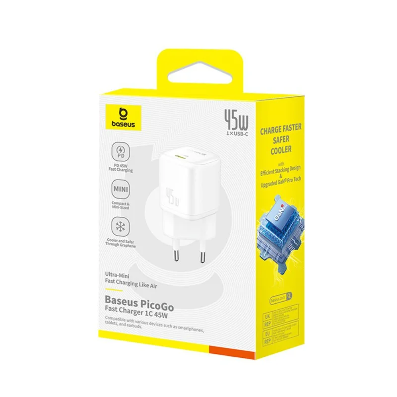 Адаптер питания Baseus, PicoGo GaN USB-C 45W, White (BAS-P1017680021300) 10