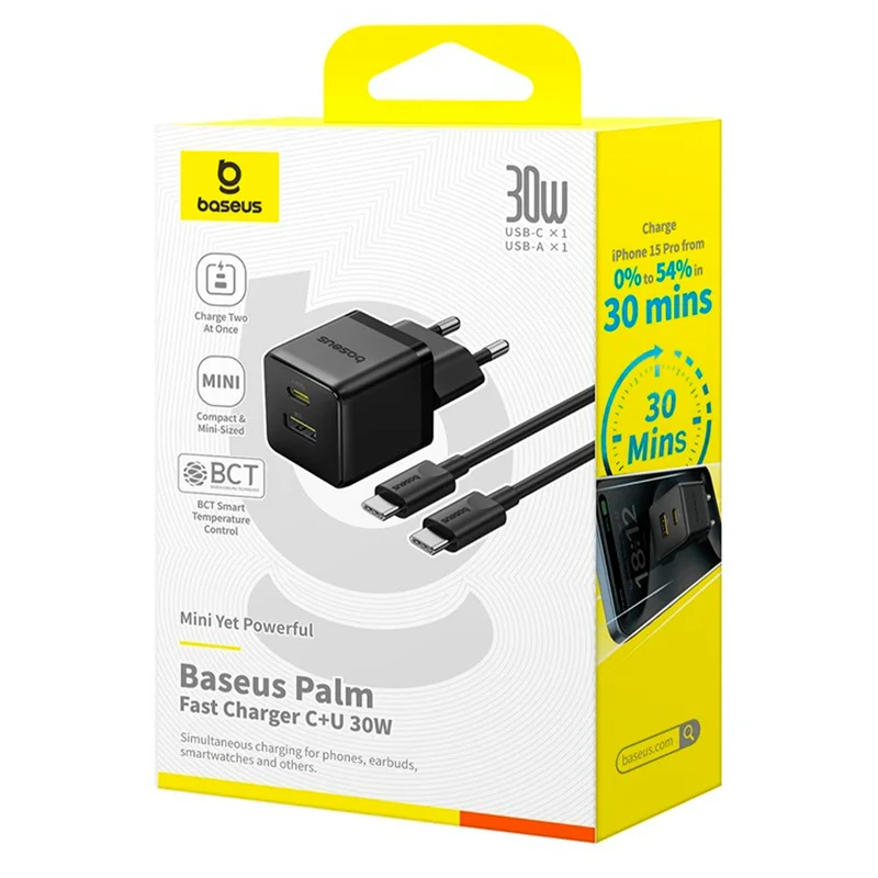 Адаптер питания Baseus, Palm USB-C+A 30W с каб, Black (BAS-P1011160A11301) 8