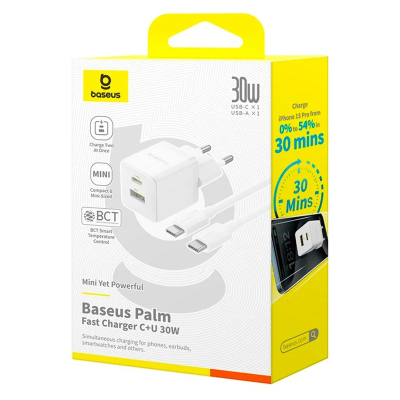 Адаптер питания Baseus, Palm USB-C+A 30W с каб, White (BAS-P1011160A21301) 7