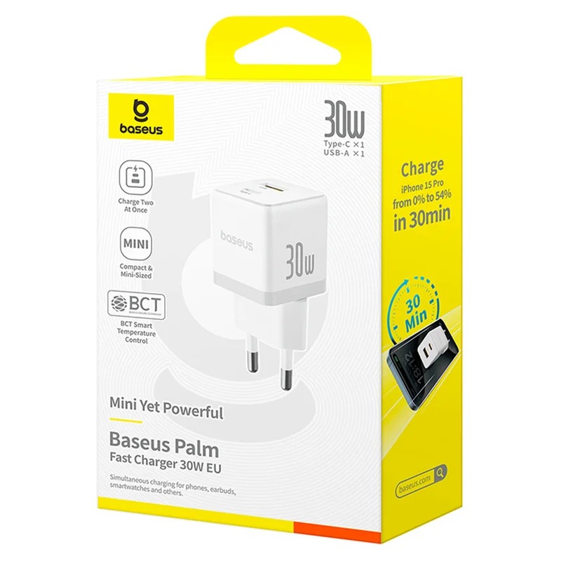 Адаптер питания Baseus, Palm USB-C+A 30W, White (BAS-P1011160A21300) 7