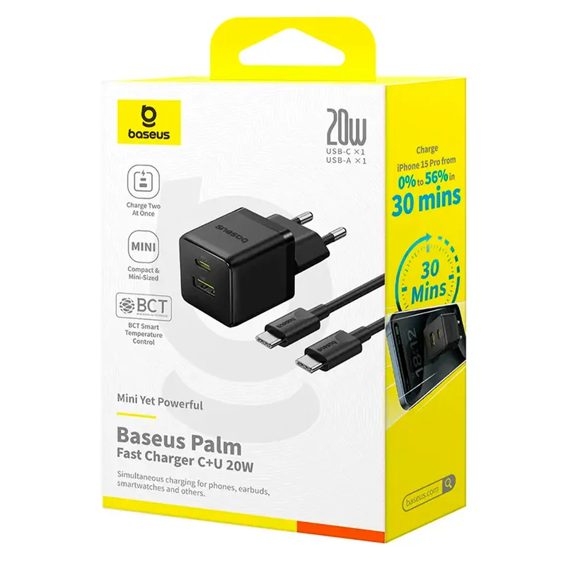 Адаптер питания Baseus, Palm USB-C+A 20W с каб, Black (BAS-P1011160811301) 6