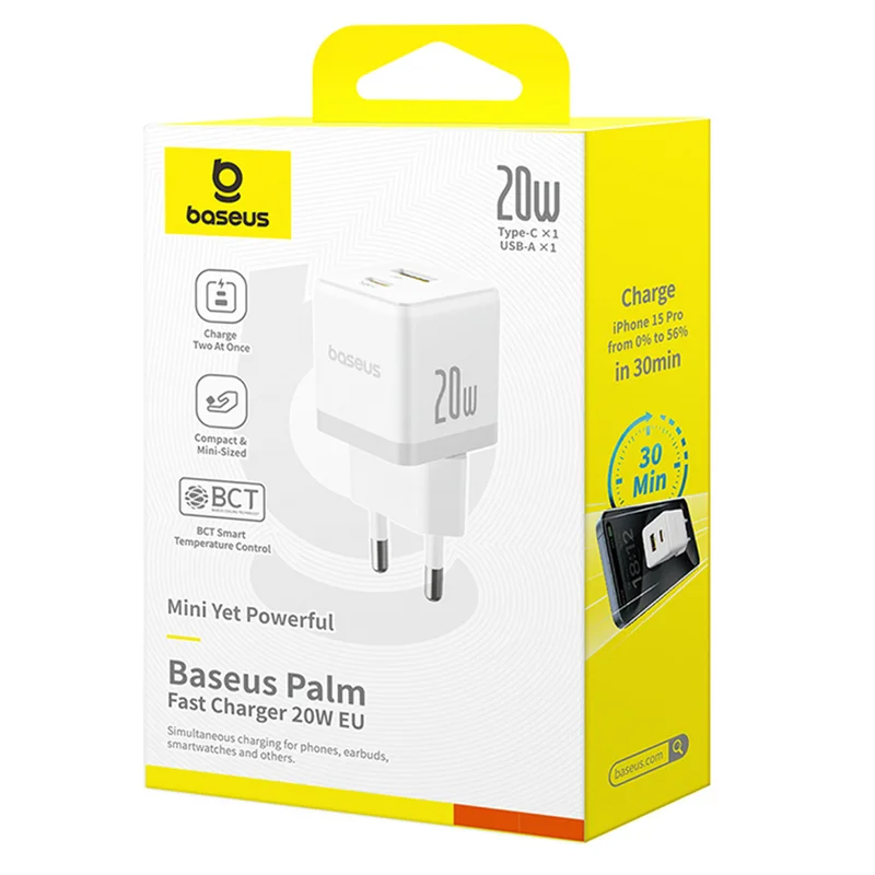Адаптер питания Baseus, Palm USB-C+A 20W с каб, White (BAS-P1011160821301) 7