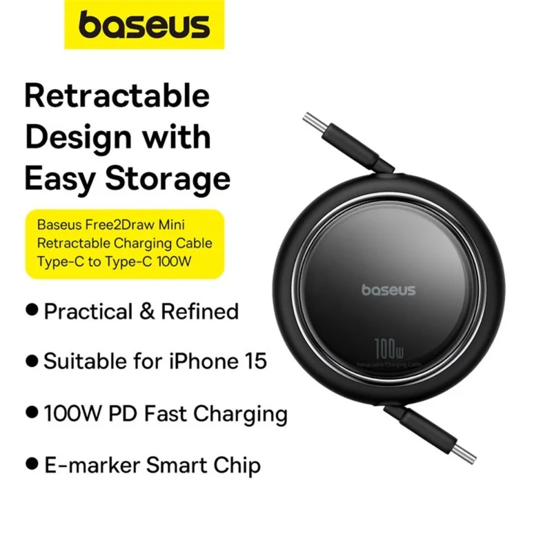 Кабель Baseus, USB-C->C F2D 100W retr.1m, Black (BAS-P1036450011100) 14