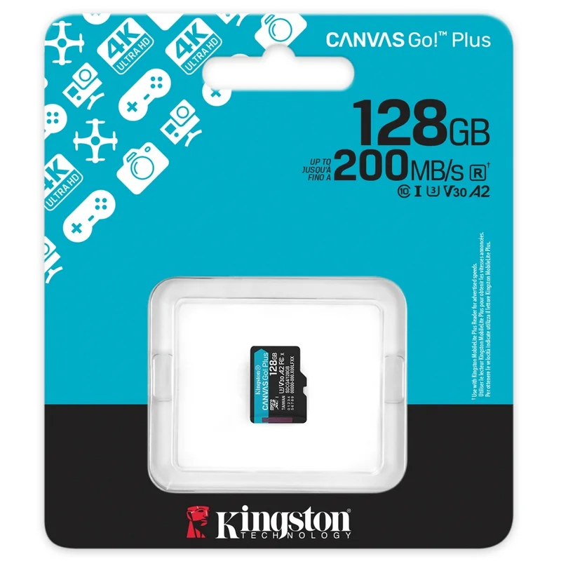 Карта памяти, Kingston, SDCG4/128GBSP, MicroSDXC 128GB, Canvas Go Plus, A2, U3, V30, без адаптера SD 3