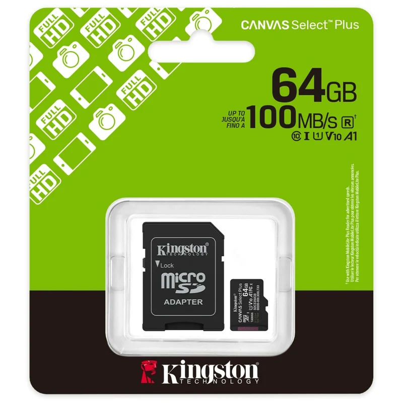 Карта памяти, Kingston, SDCS3/64GB, MicroSDXC 64GB, Canvas Select Plus, A1, U1, V10, c адаптером SD 2