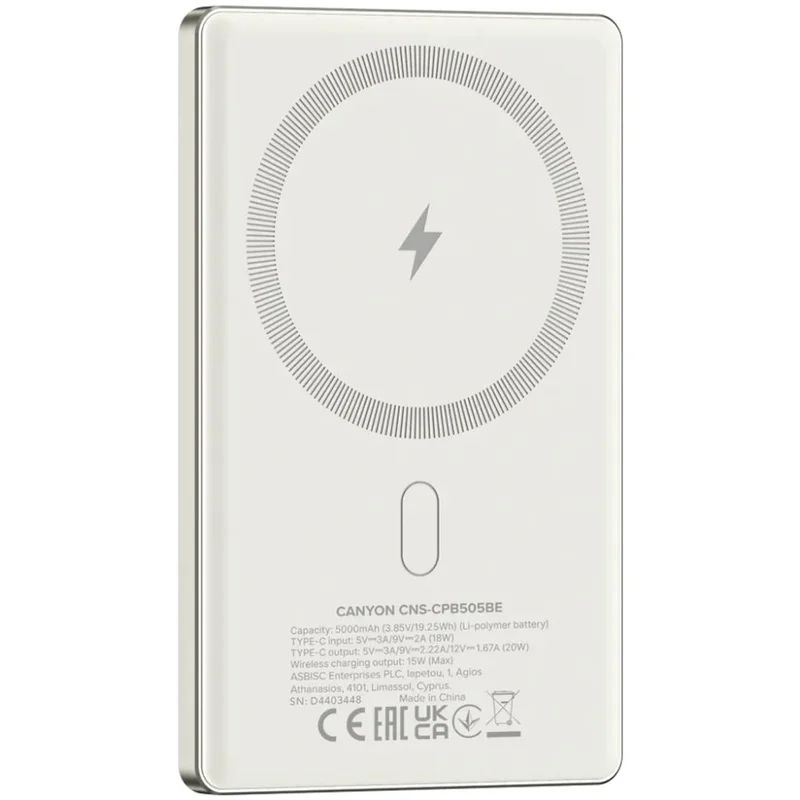 Внешний аккумулятор Canyon Power bank slim Magsafe 5000 mAh (CNS-CPB505BE), Beige 2