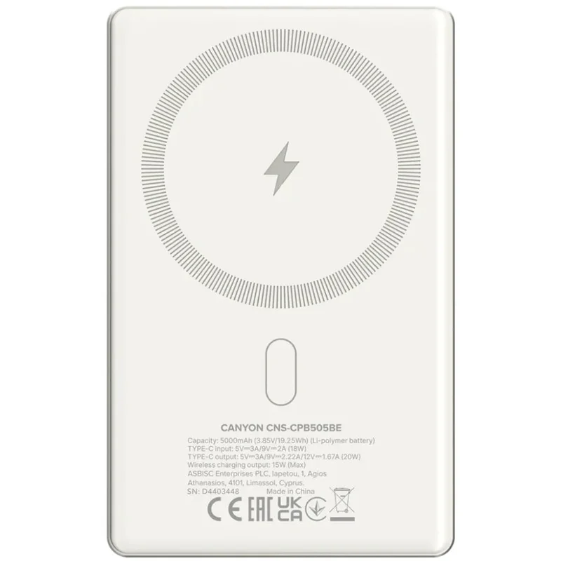 Внешний аккумулятор Canyon Power bank slim Magsafe 5000 mAh (CNS-CPB505BE), Beige 5