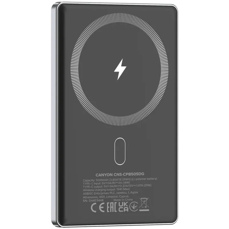 Внешний аккумулятор Canyon Power bank slim Magsafe 5000 mAh (CNS-CPB505DG), Grey 2