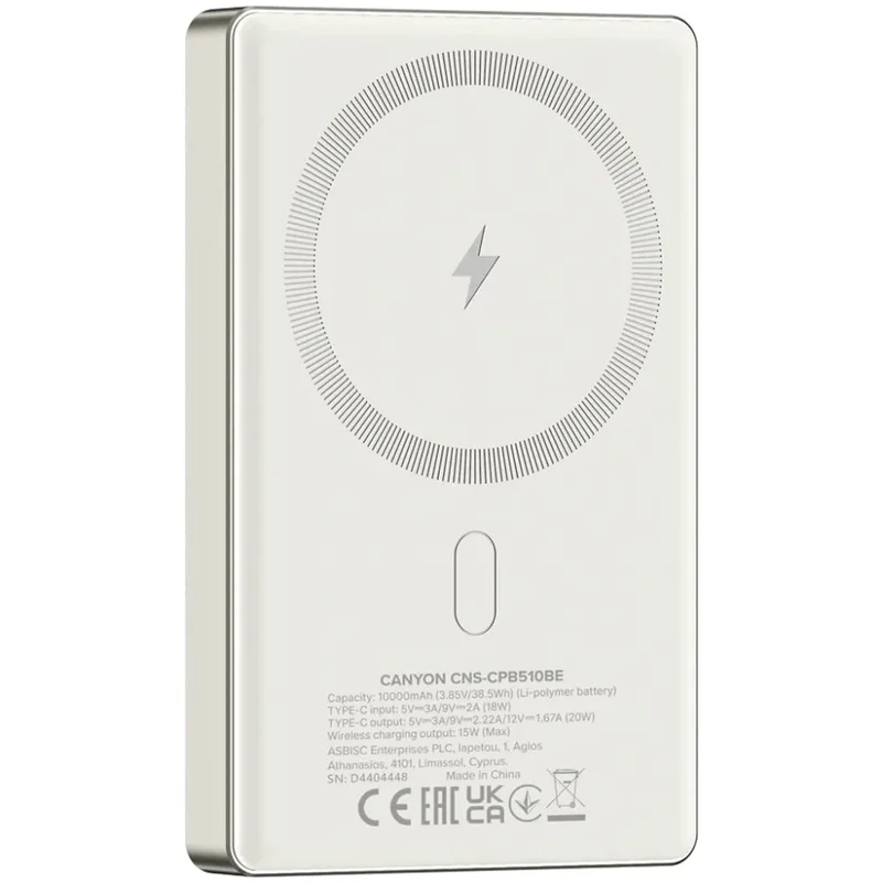 Внешний аккумулятор Canyon Power bank slim Magsafe 10000 mAh (CNS-CPB510BE), Beige 2