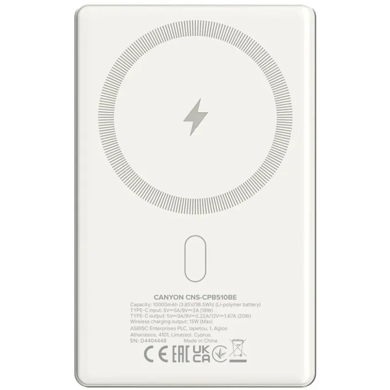 Внешний аккумулятор Canyon Power bank slim Magsafe 10000 mAh (CNS-CPB510BE), Beige 5