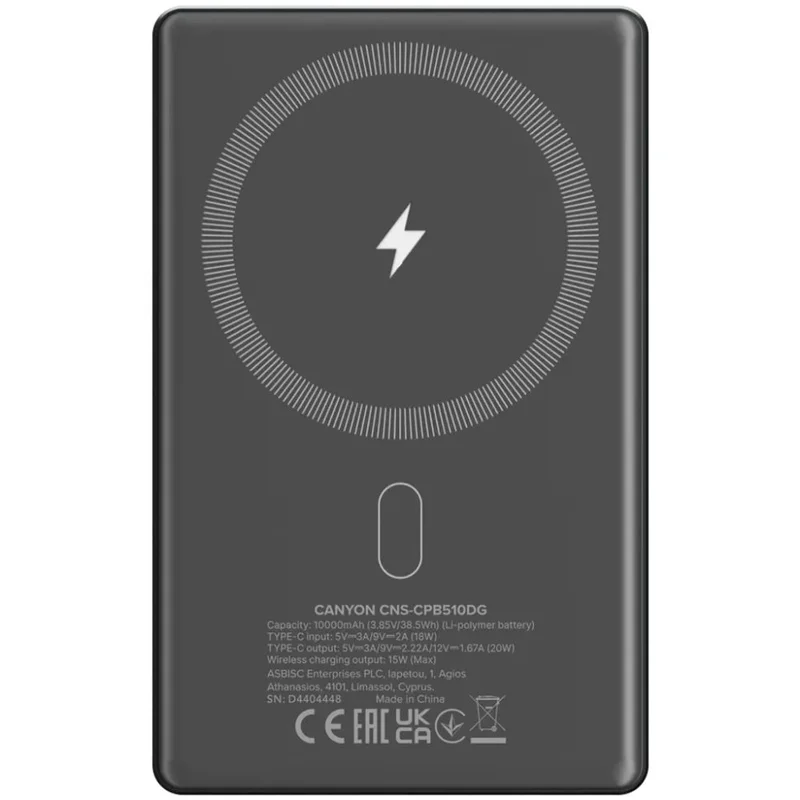 Внешний аккумулятор Canyon Power bank slim Magsafe 10000 mAh (CNS-CPB510DG), Grey 5