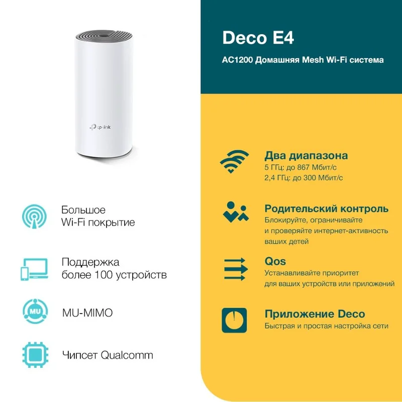 Домашняя Mesh Wi-Fi система, TP-Link Deco E4 , 2 порта, 1167 Mbps (Deco E4 (1-pack)) 4
