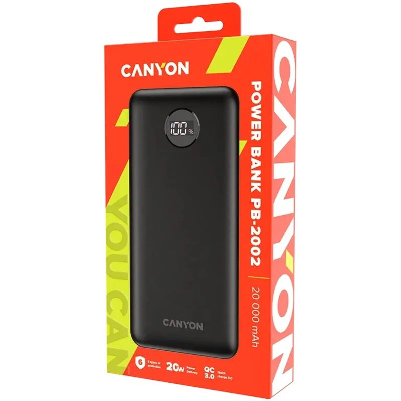 Портативный внешний аккумулятор CANYON power bank PB-2002 LED 20000 mAh PD 20W QC 3.0 Black 4