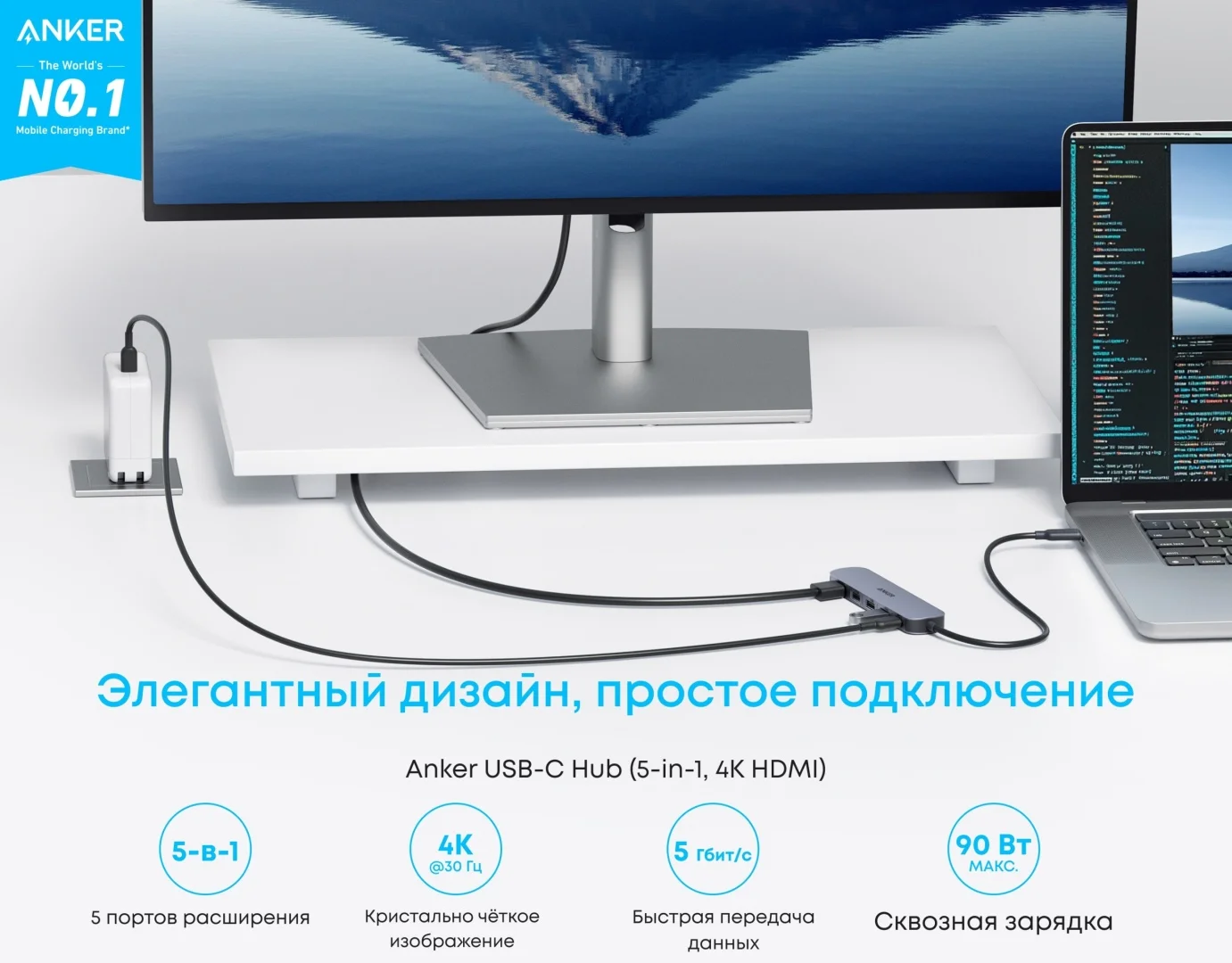 Концентратор Anker USB-C (5-in-1, 4K HDMI) (A8357HA0) Серый 5