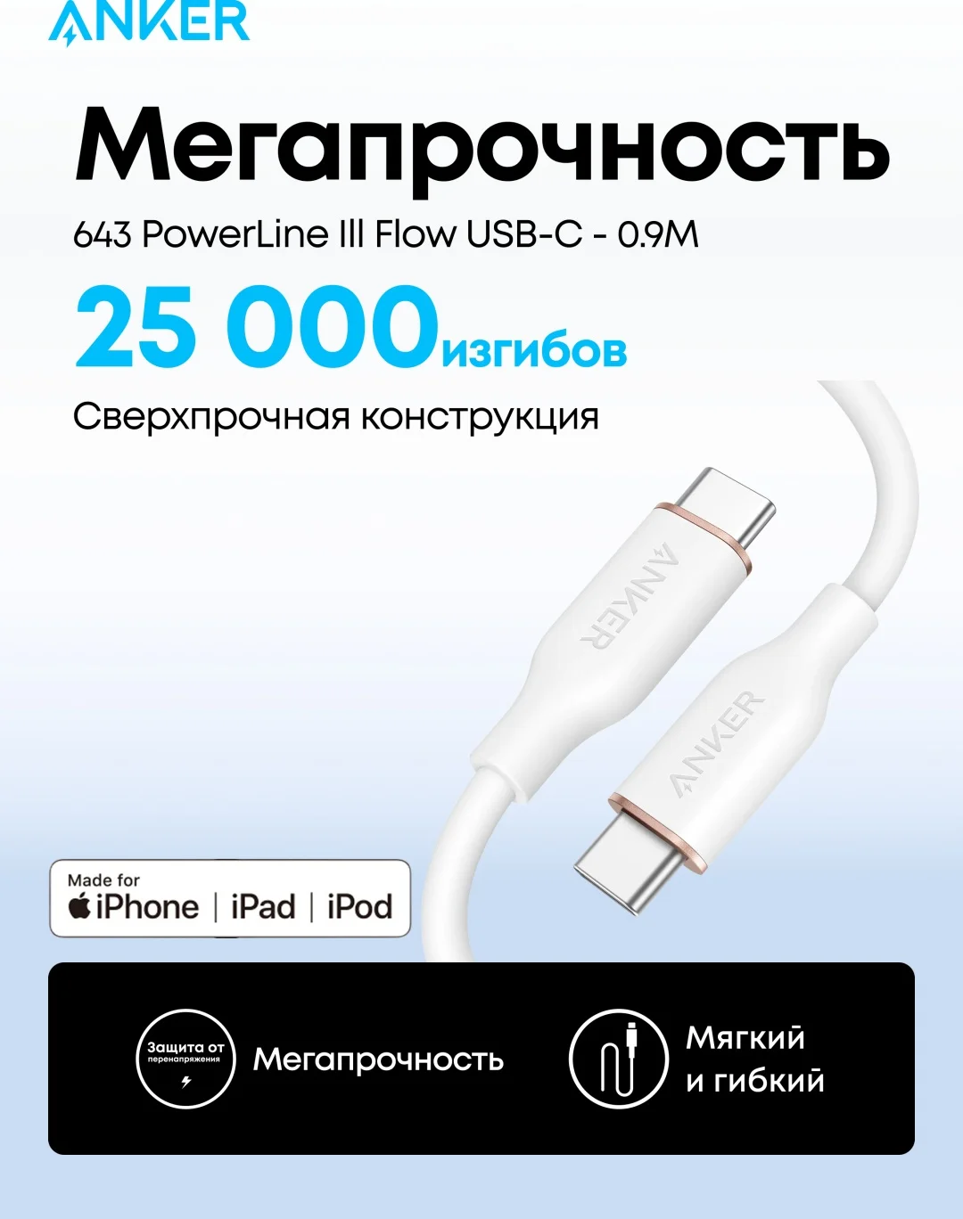 Интерфейсный кабель Anker PowerLine III Flow USB-C to USB-C (A8552H21) Белый