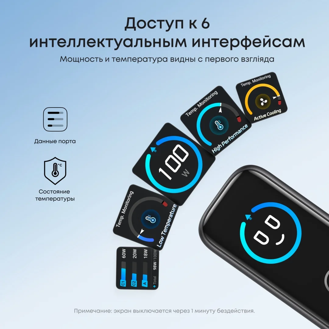 Адаптер питания Anker Prime Charger Smart Display (100W, 3 Ports) (B121BGZ1) 6