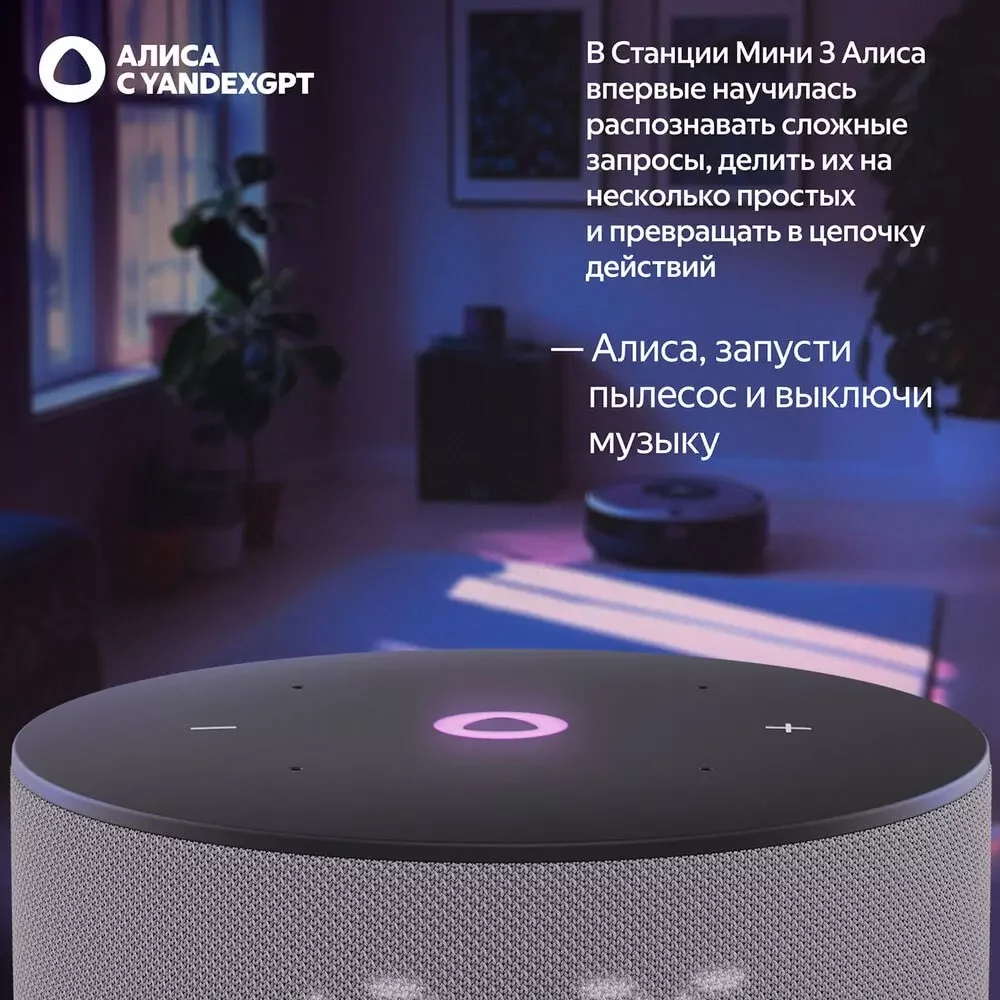 YNDX-00027GRY Домашняя мультимедийная платформа Умная колонка Яндекс Станция Мини 3 с Алисой на YaGPT,(Серый),+Сертификат 12 месяцев 9