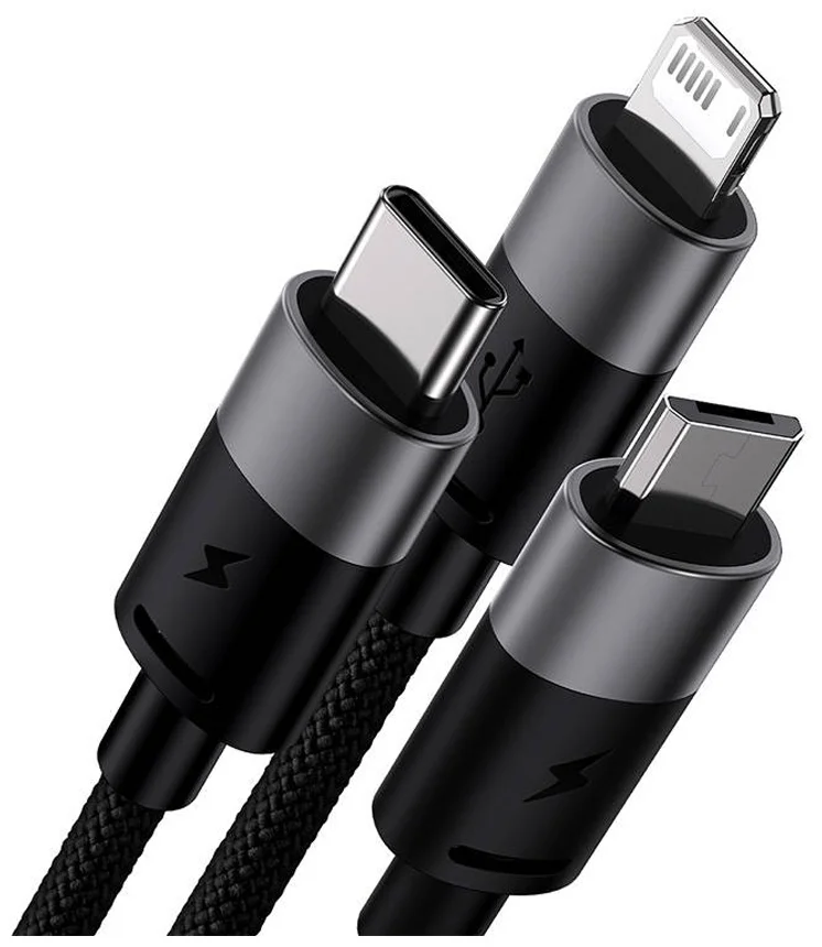Интерфейсный кабель Baseus StarSpeed 1-for-3 USB to M+L+C 3.5A 1.2m Black (CAXS000001) 2