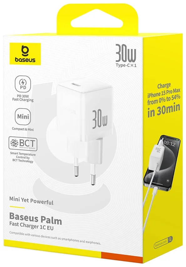 Адаптер питания Baseus Palm 1C 30W White ( в комлпекте кабель Type-c ) (P10111605213-01) 4