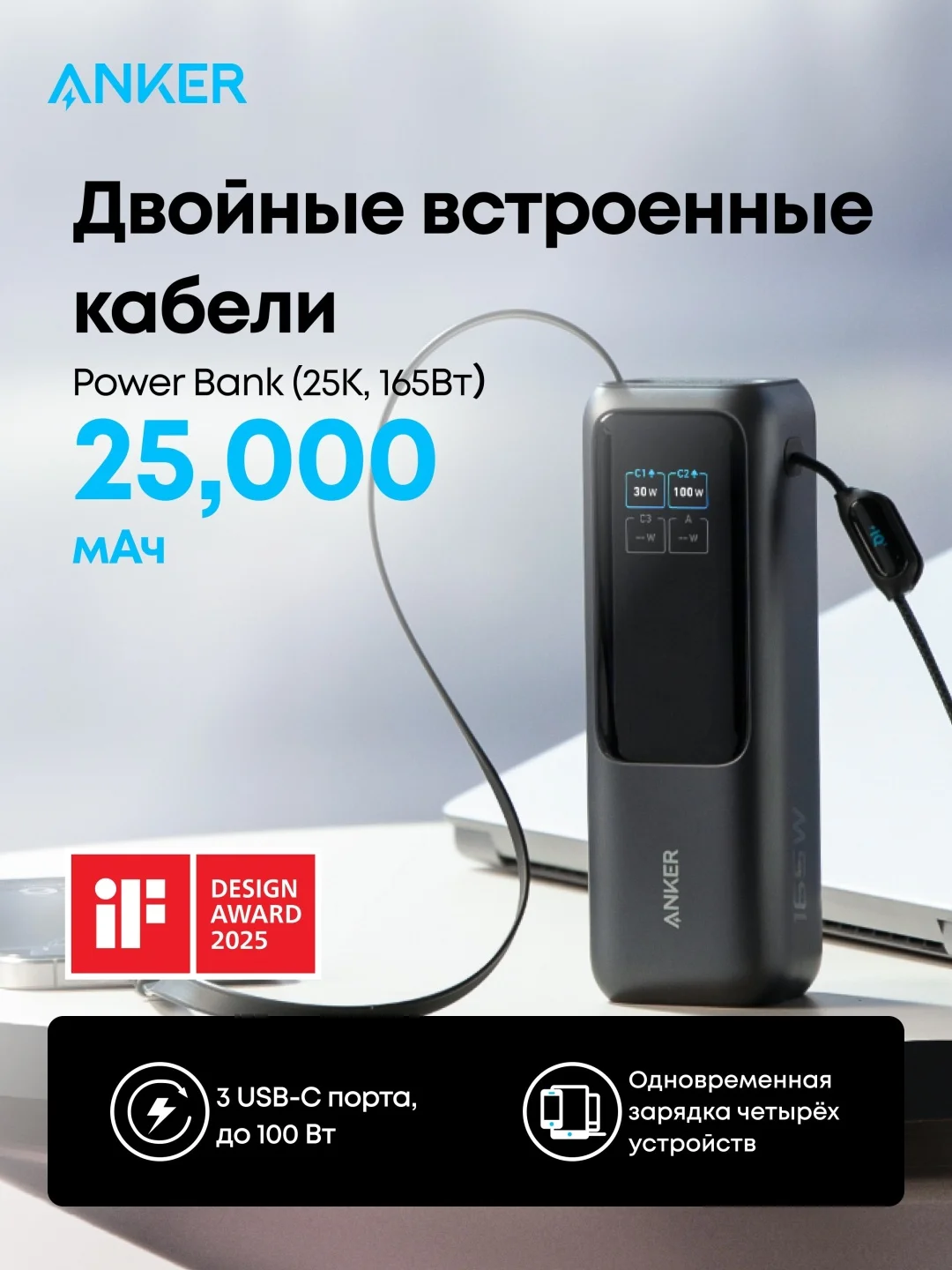 Портативный внешний аккумулятор Anker 25000mAh (A1695H11) Черный